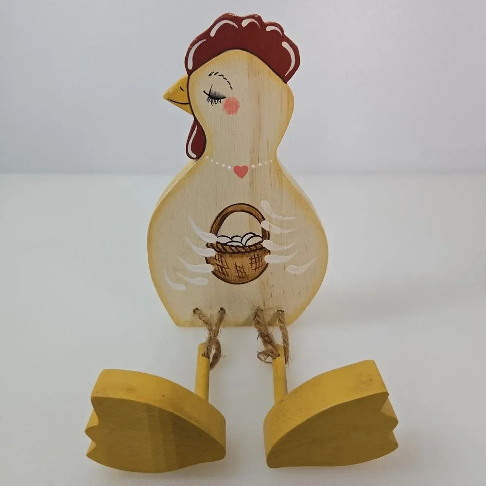 VTG Wooden Chicken Shelf Sitter with Dangling Legs Hand Painted Rustic Farmhouse